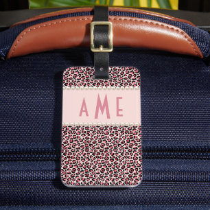 Étiquette À Bagage Empreinte de léopard rose Avec Des Perles Monogram