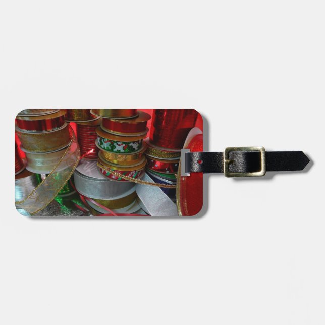 Étiquette À Bagage Épaves de Noël Ruban Holiday Rouge et or (Devant horizontal)