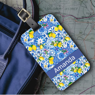 Étiquette À Bagage Eté majolica bleu Sicilienne agrumes méditerranéen