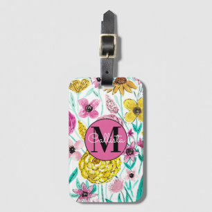 Étiquette À Bagage Été rose Fleurs Jaunes Aquarelle Monogramme