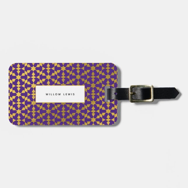 Étiquette À Bagage Ethnic Marocain violet et Motif d'or (Devant horizontal)