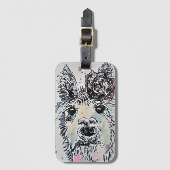 Étiquette À Bagage Étiquette de bagage avec un lama mignon et une ros (Devant Vertical)