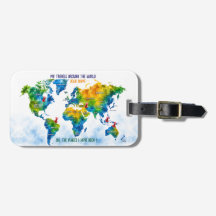 Étiquette de bagage carte du monde aquarelle perso