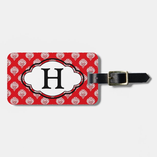 Étiquette À Bagage Étiquette de bagage de monogramme - damassé rouge (Devant horizontal)