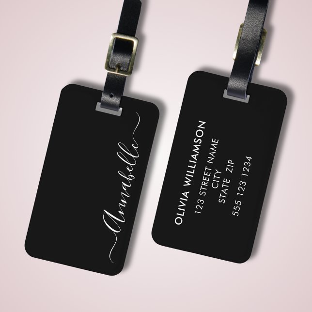 Étiquette À Bagage Étiquette de bagage personnalisée avec nom en noir (Stylish, elegant, black luggage tag with script name and contact details to reverse side)