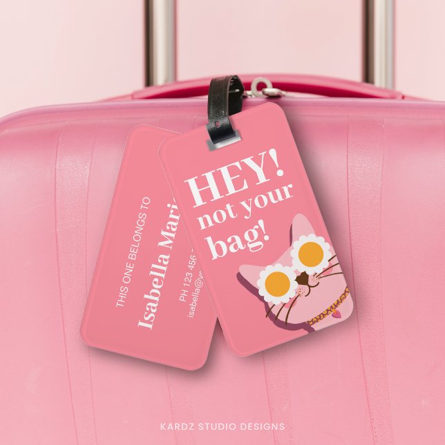 Étiquette À Bagage Étiquette de bagage personnalisée avec un chat drô (Personalize this template with name and contact information. Stand out with this funny luggage tag.)