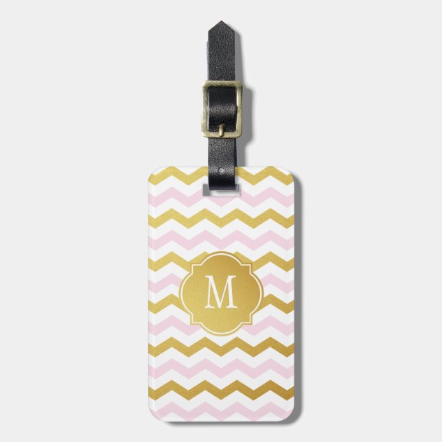 Étiquette À Bagage Étiquette de bagages or et rose Chevron Monogram (Devant Vertical)