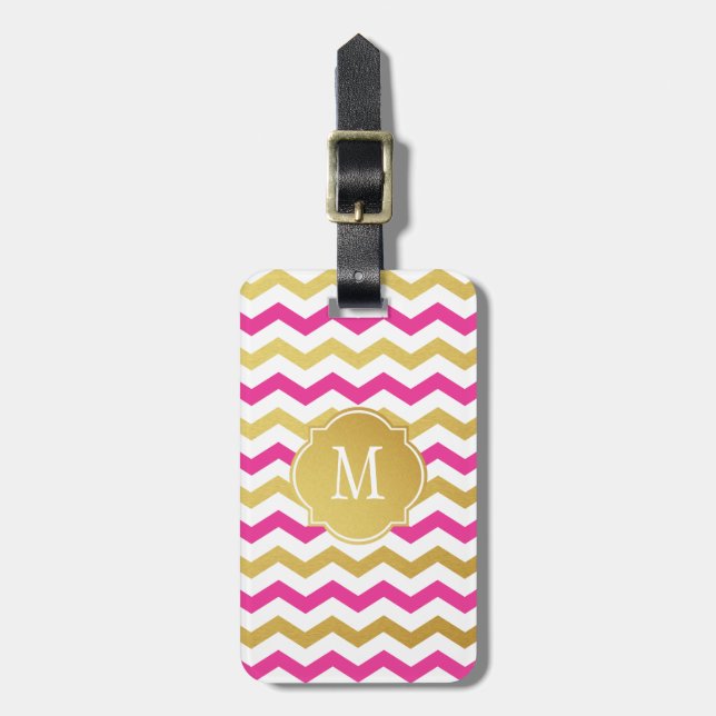 Étiquette À Bagage Étiquette de bagages or et rose Chevron Monogram (Devant Vertical)