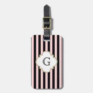 Étiquette À Bagage Étiquette de monogramme blanc en bande noire rose