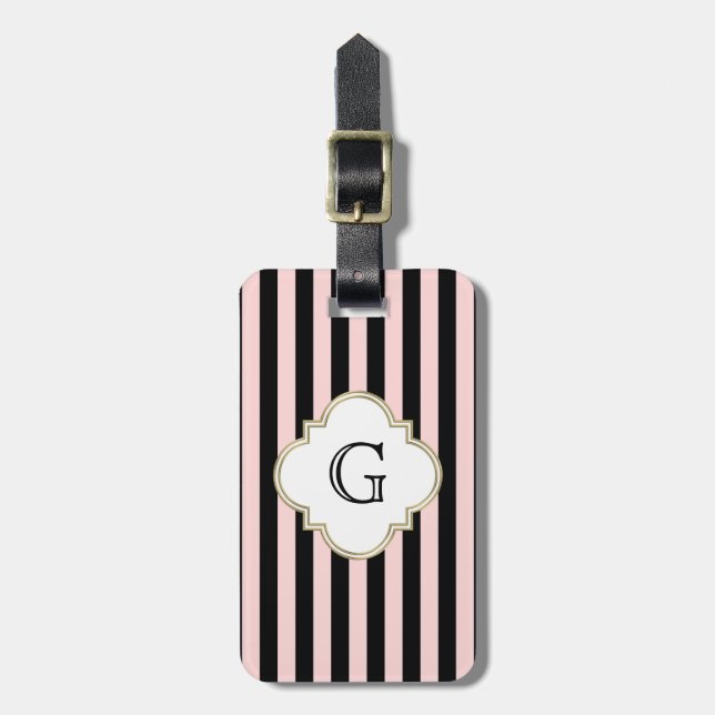 Étiquette À Bagage Étiquette de monogramme blanc en bande noire rose (Devant Vertical)