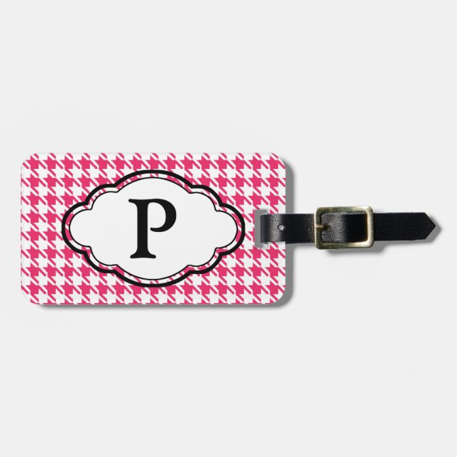 Étiquette À Bagage Étiquette Monogramme - Houndstooth - rose (Devant horizontal)