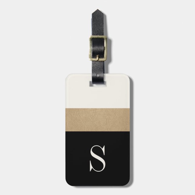 Étiquette À Bagage Étiquette Monogramme Noir Gold Stripe Bagage (Devant Vertical)