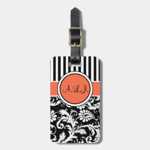 Étiquette À Bagage Étiquette noire, blanche, orange rayée Damas