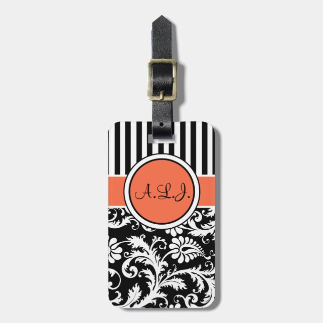 Étiquette À Bagage Étiquette noire, blanche, orange rayée Damas (Devant Vertical)