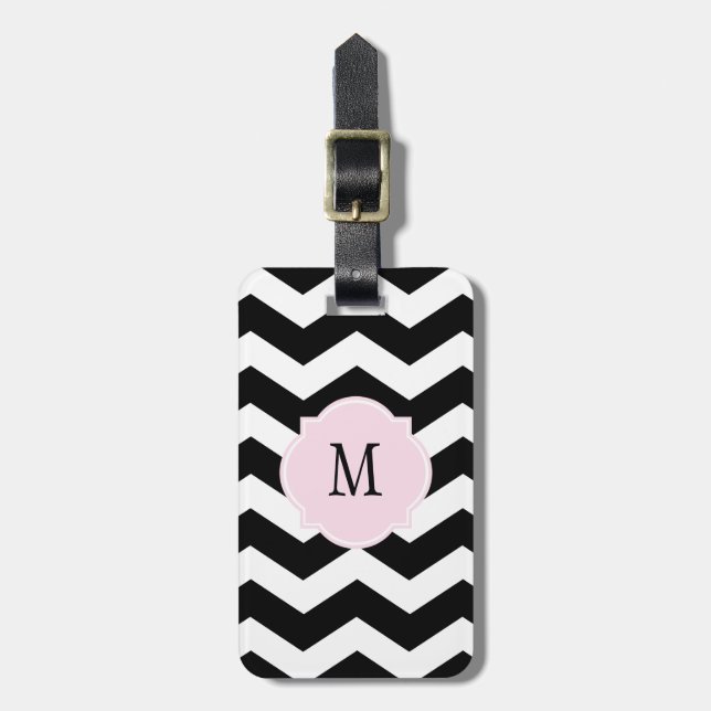 Étiquette À Bagage Étiquette noire et blanche de bagage de monogramme (Devant Vertical)