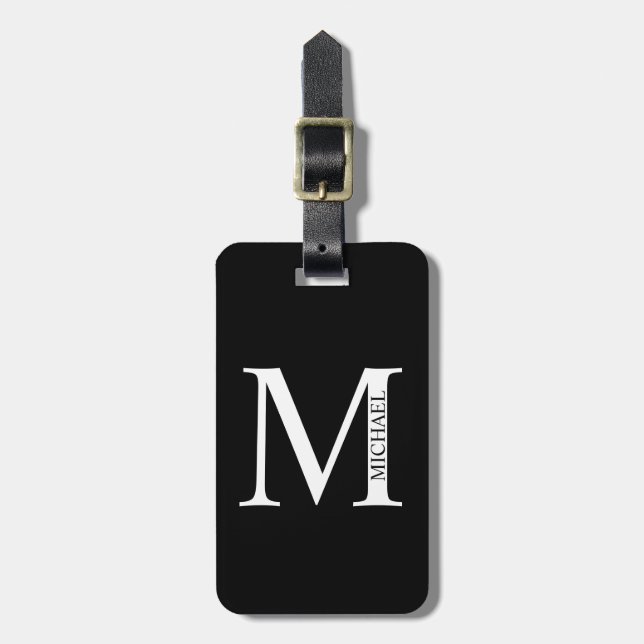 Étiquette À Bagage Étiquette noire monogramme personnalisé et nom de  (Devant Vertical)