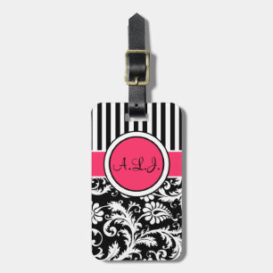 Étiquette À Bagage Étiquette rayée noire, blanche, rose de bagage de