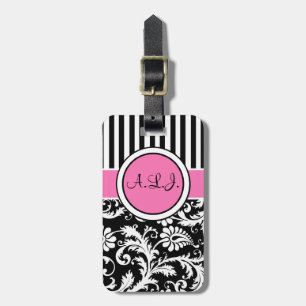 Étiquette À Bagage Étiquette rayée noire, blanche, rose de bagage de