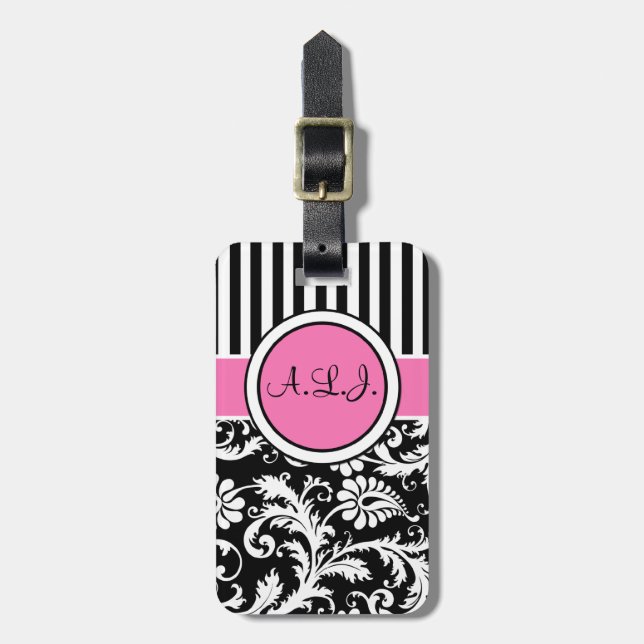 Étiquette À Bagage Étiquette rayée noire, blanche, rose de bagage de (Devant Vertical)