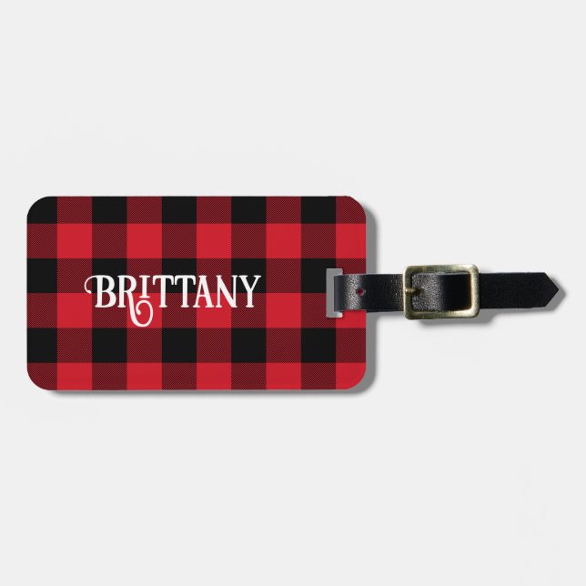 Étiquette À Bagage Étiquette Red Buffalo Plaid Christmas Stocker Nom (Devant horizontal)