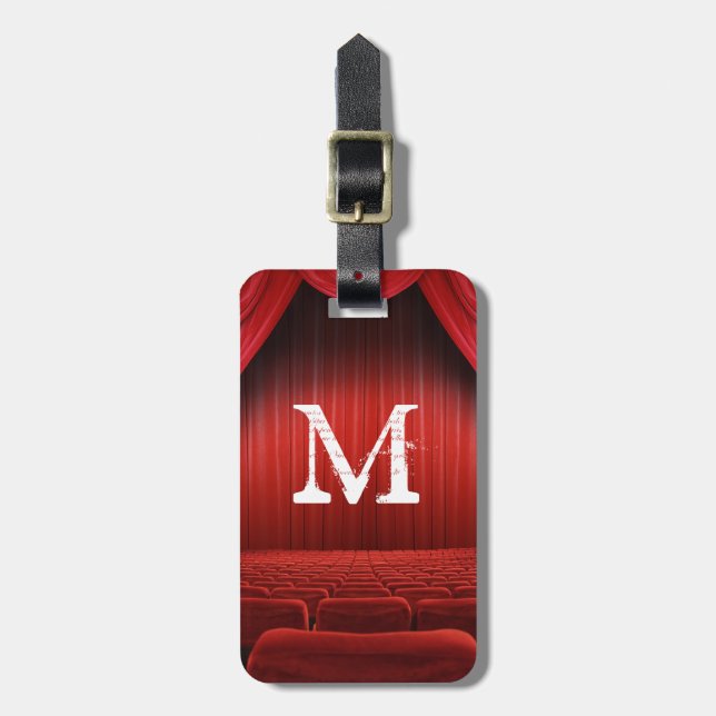 Étiquette À Bagage Étiquette rouge de bagage de monogramme de théâtre (Devant Vertical)
