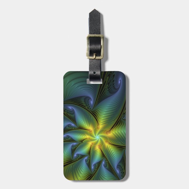 Étiquette À Bagage Etoile Abstraite, Bleu brillant Vert Or Fractal Ar (Devant Vertical)