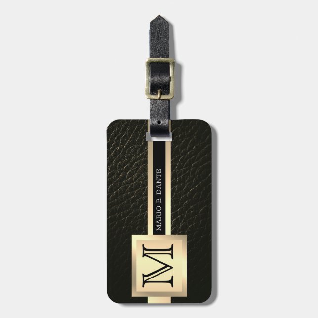Étiquette À Bagage Executive Black Leather & Gold Metal monogrammed (Devant Vertical)