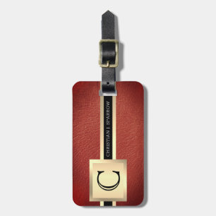 Étiquette À Bagage Executive Red Leather & Gold Metal monogrammed
