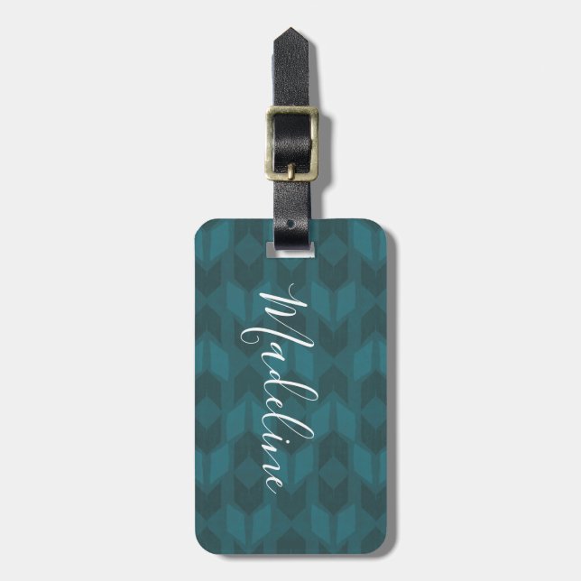 Étiquette À Bagage Extérieur Geo Step| Motif Turquoise foncé (Devant Vertical)