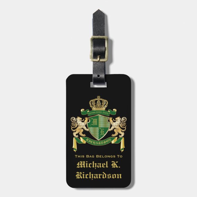 Étiquette À Bagage Faites votre propre blason Green Gold Lion Emblem (Devant Vertical)