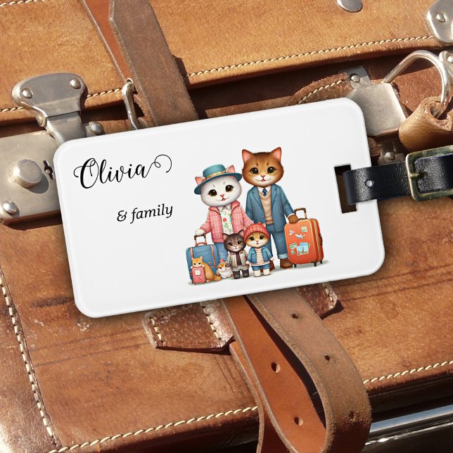 Étiquette À Bagage Famille de chats mignons (Luggage tag featuring a colorful illustration of a cat family embarking on a travel adventure)