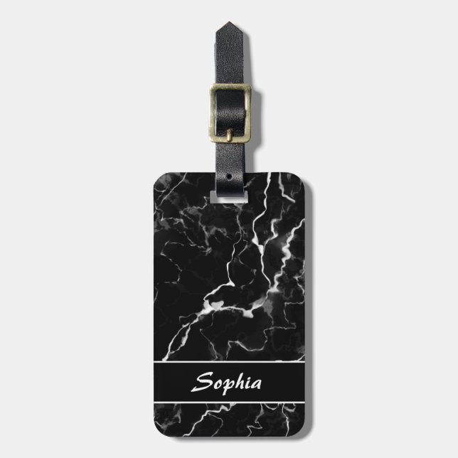 Étiquette À Bagage Faux Black Marble Texture Look Avec Texte Personna (Devant Vertical)