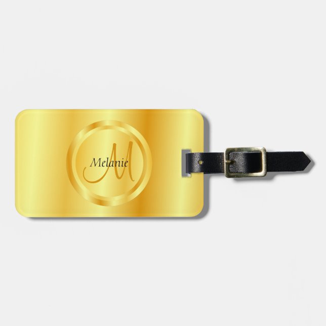 Étiquette À Bagage Faux Gold Elegant Moderne Monogram Modèle tendance (Devant horizontal)