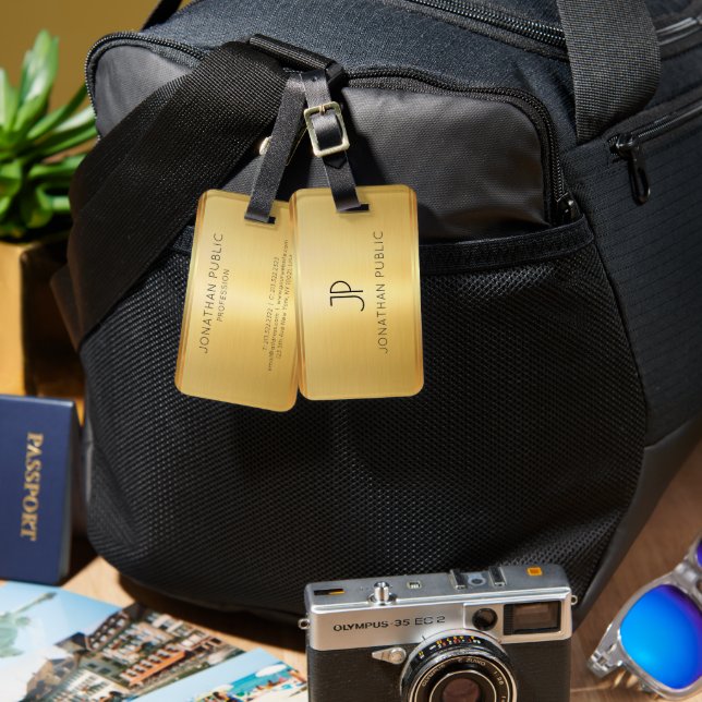 Étiquette À Bagage Faux Gold personnalisé Moderne Élégant Monogramme (Recto & Verso)