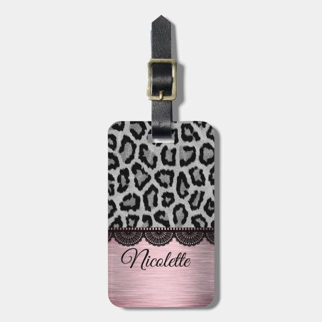 Étiquette À Bagage Faux Leopard et dentelle avec rose Blush Personnal (Devant Vertical)