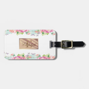 Étiquette À Bagage Féminin Mignon Floral, Cadre Monogramme-Personnali