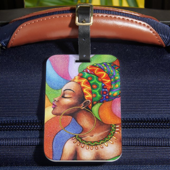 Étiquette À Bagage Femme africaine avec cire tissu traditionnel (Insitu Rectoal 2)