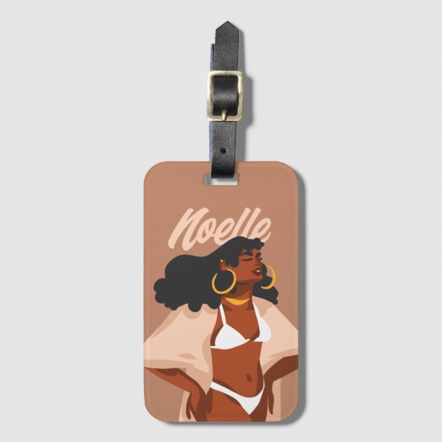 Étiquette À Bagage Femme noire, Bikini blanc, Prêt plage (Devant Vertical)