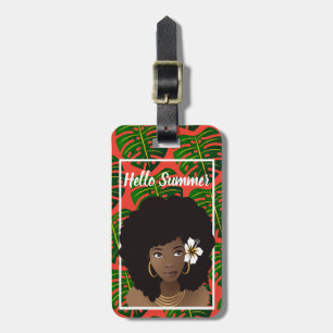 Étiquette À Bagage Femme noire, Bonjour été, Feuilles tropicaux, Roug