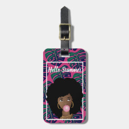 Étiquette À Bagage Femme noire, Bonjour Été, Feuilles verts, Rose cha