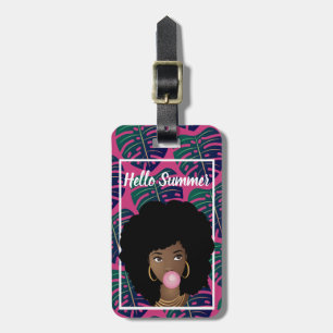 Étiquette À Bagage Femme noire, Bonjour Été, Feuilles verts, Rose cha