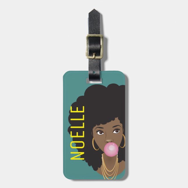 Étiquette À Bagage Femme noire, Bubblegum, Cheveux naturels, Vert Tur (Devant Vertical)