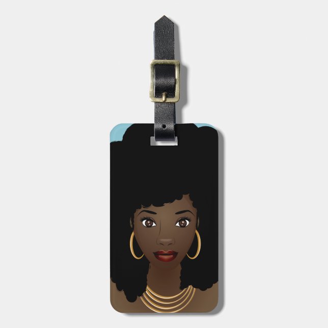 Étiquette À Bagage Femme noire, cheveux naturels, bleu (Devant Vertical)