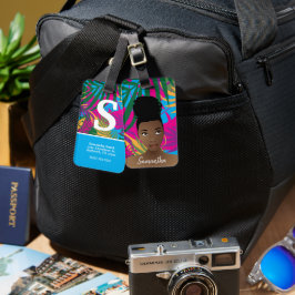 Étiquette À Bagage Femme noire, Feuilles tropicaux colorés, Bleu