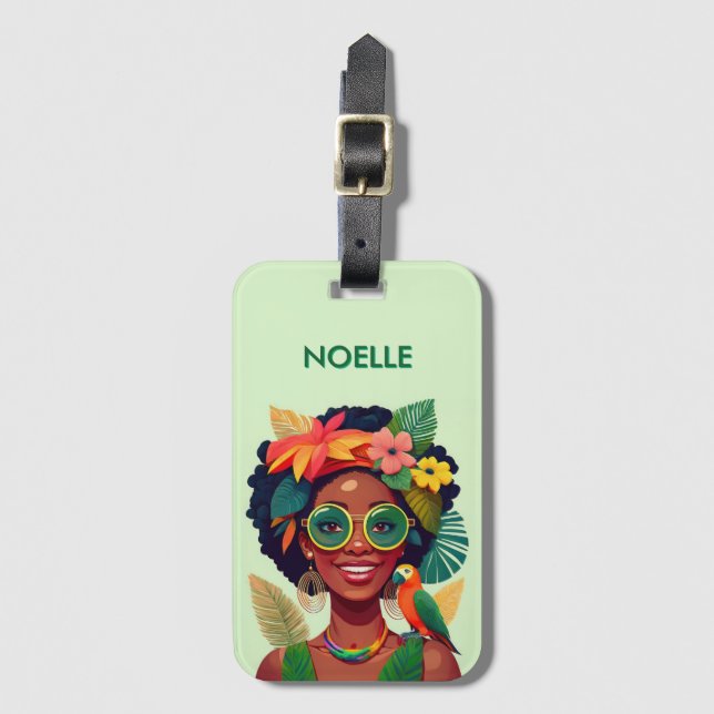 Étiquette À Bagage Femme noire, fleurs tropicales et perroquet (Devant Vertical)