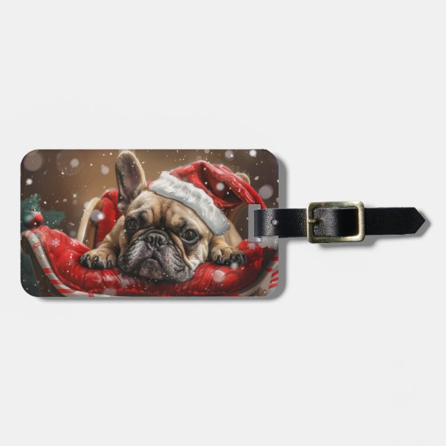 Étiquette À Bagage Festive de Noël de Chien de taureaux français (Devant horizontal)