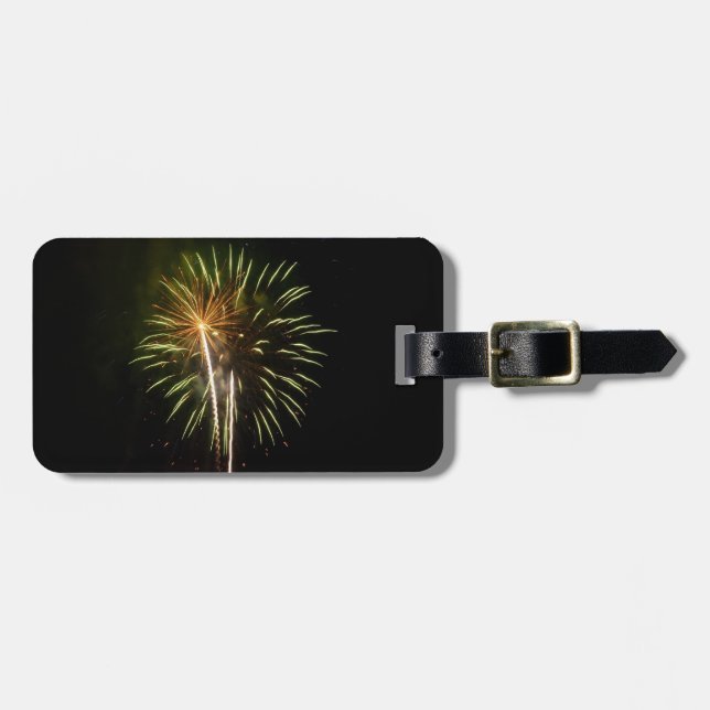 Étiquette À Bagage Feu d'artifice vert et or Fête de vacances (Devant horizontal)