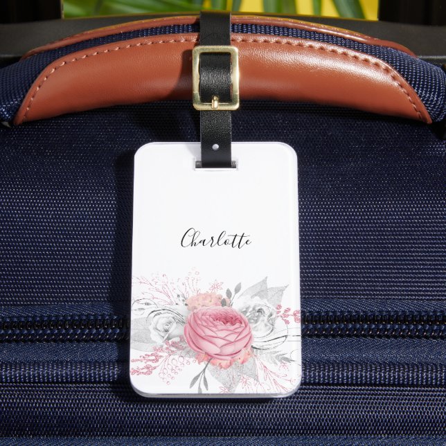 Étiquette À Bagage Feuillage rose floral argenté nom blanc élégant (Insitu Rectoal 2)