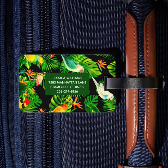 Étiquette À Bagage Feuilles de forêt tropicale et motifs d'oiseaux (Verso Insitu 2)