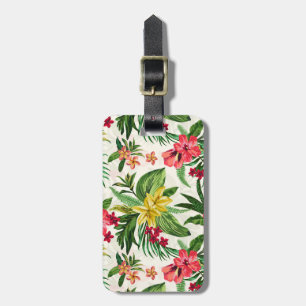 Étiquette À Bagage Feuilles Vertes Et Fleurs Roses Et Jaunes
